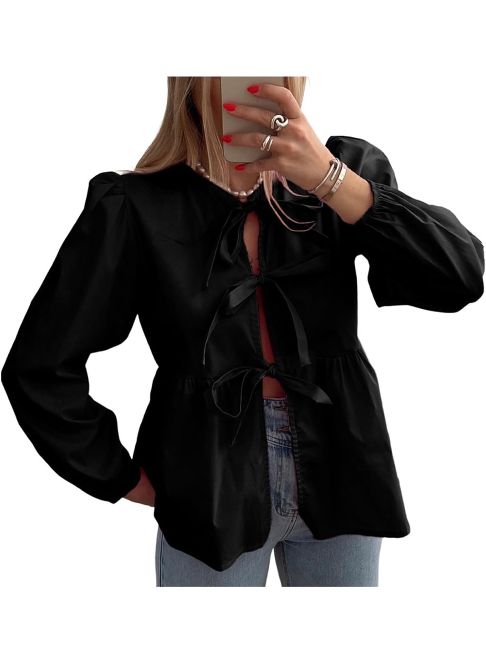 Tie-Front Black Peasant Blouse - Women's Top